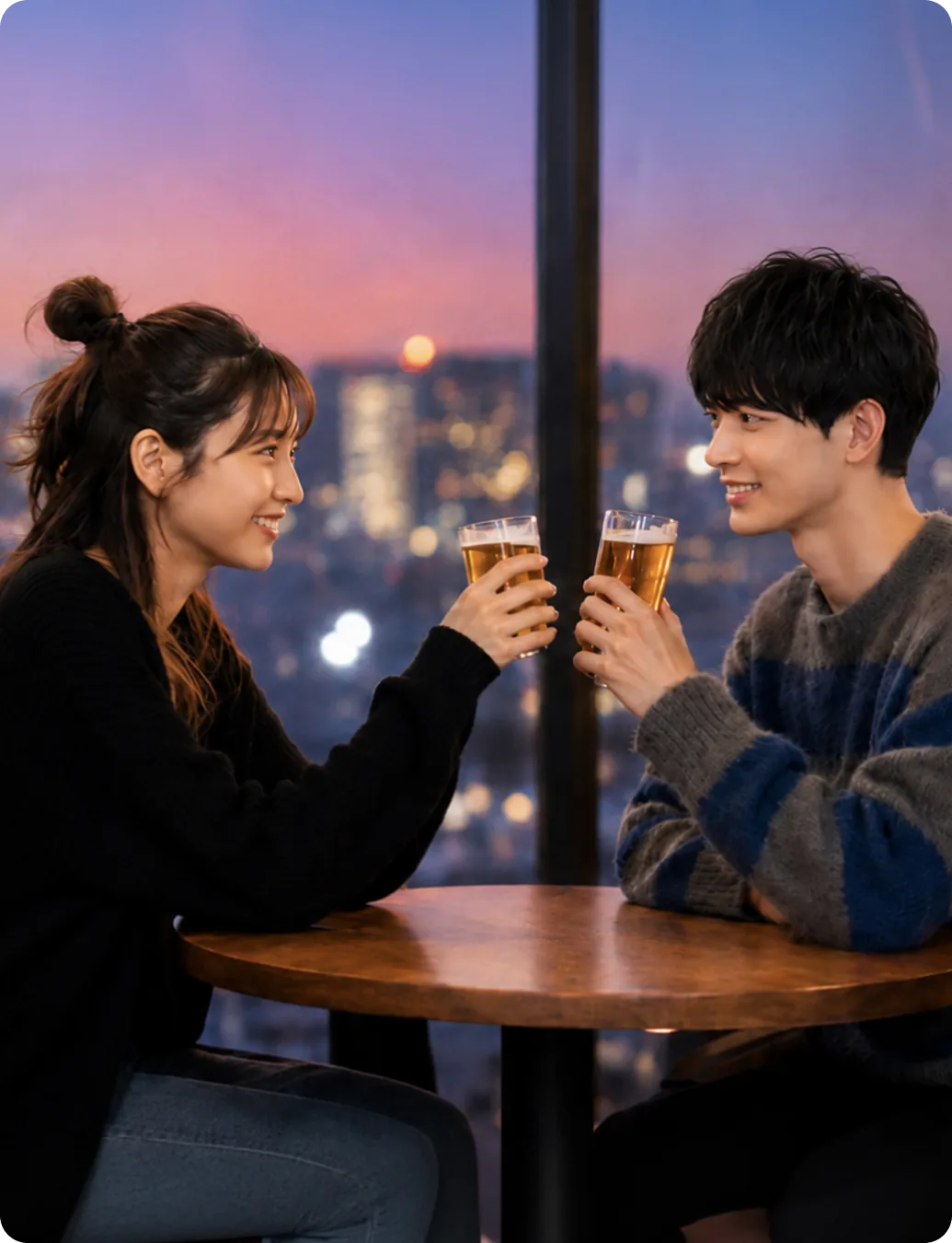 夜景を望むバーで乾杯する男女