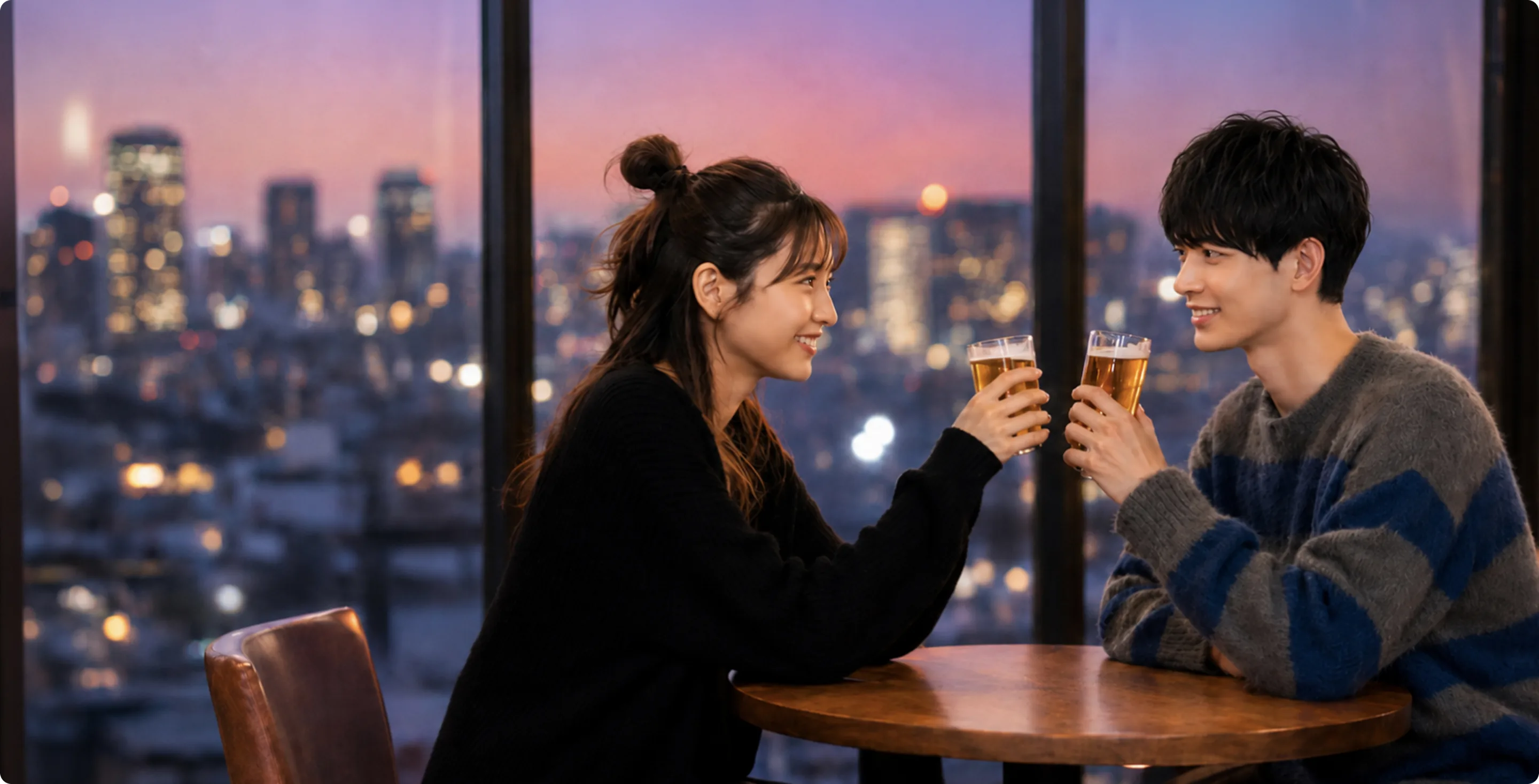 夜景を望むバーで乾杯する男女